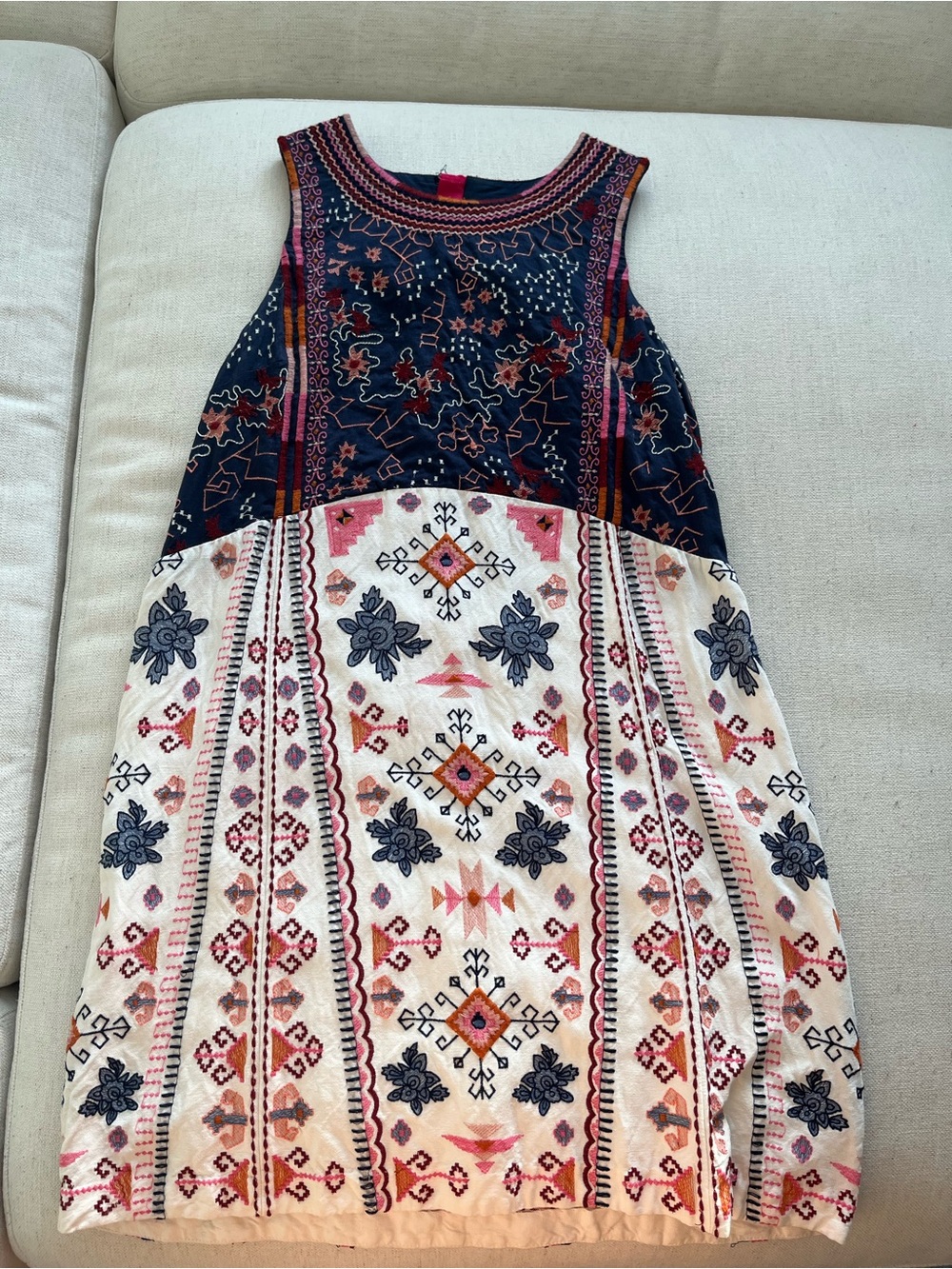 Anthropologie Navy and Cream Embroidered Dress